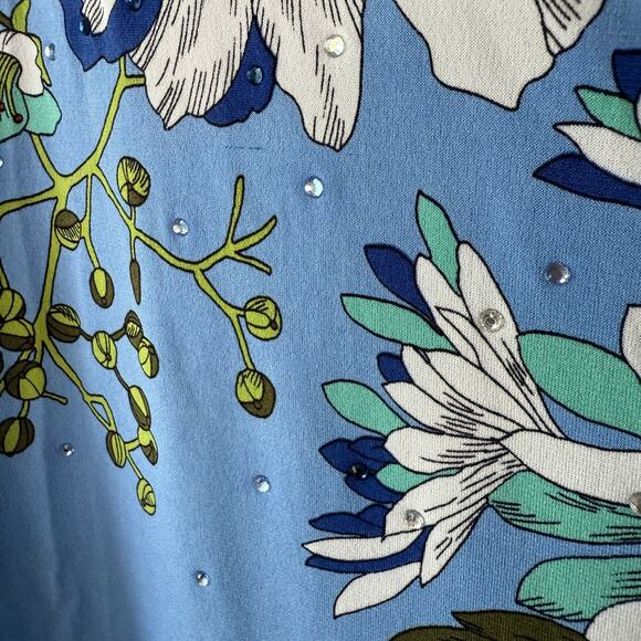 Susan Graver Liquid Knit Blue Floral beaded top size XL - Picture 5 of 9